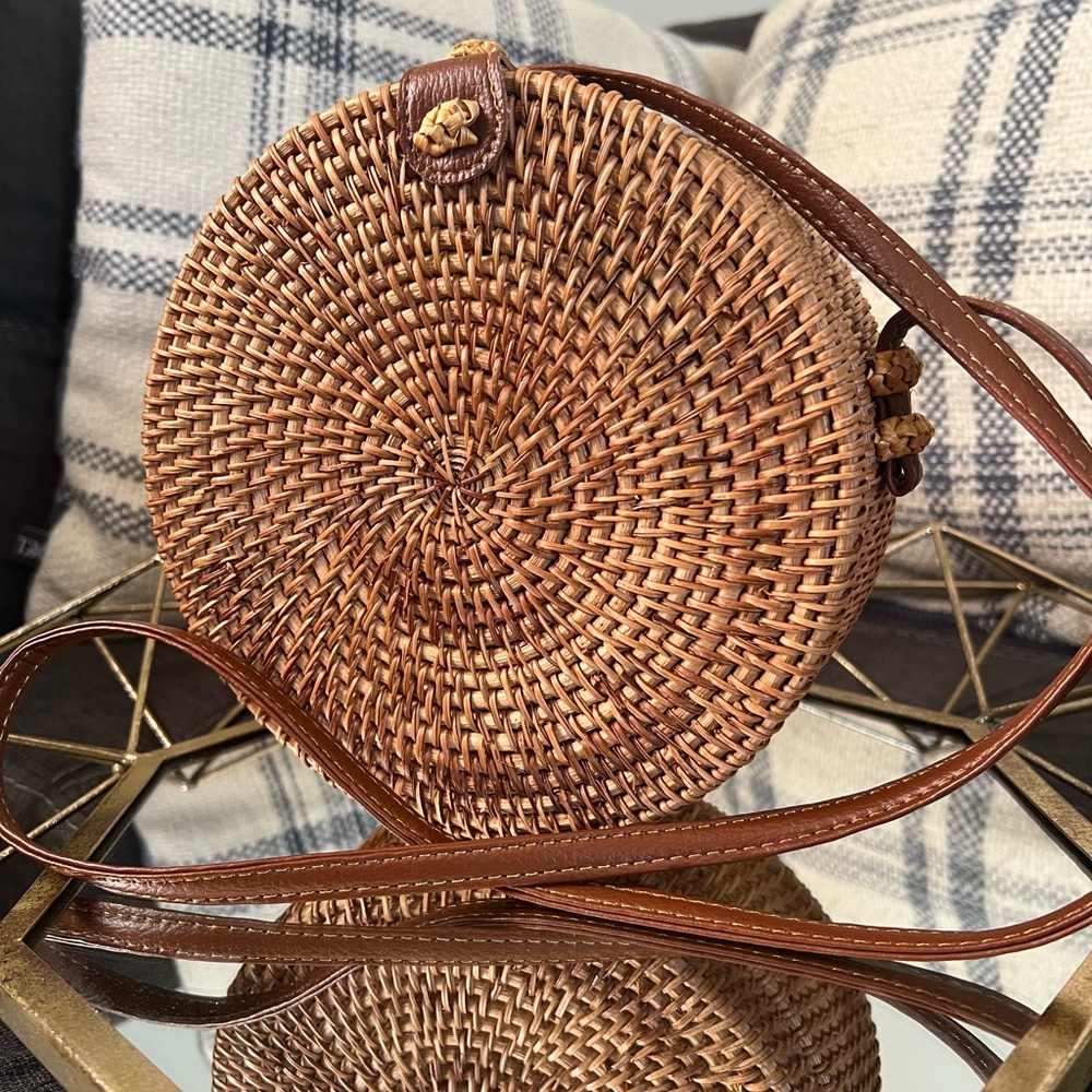 Round Brown Woven Crossbody Bag